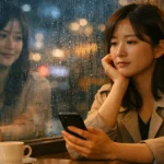 과거의 나를 회상하며 비 내리는 카페에 앉아 있는 모습.