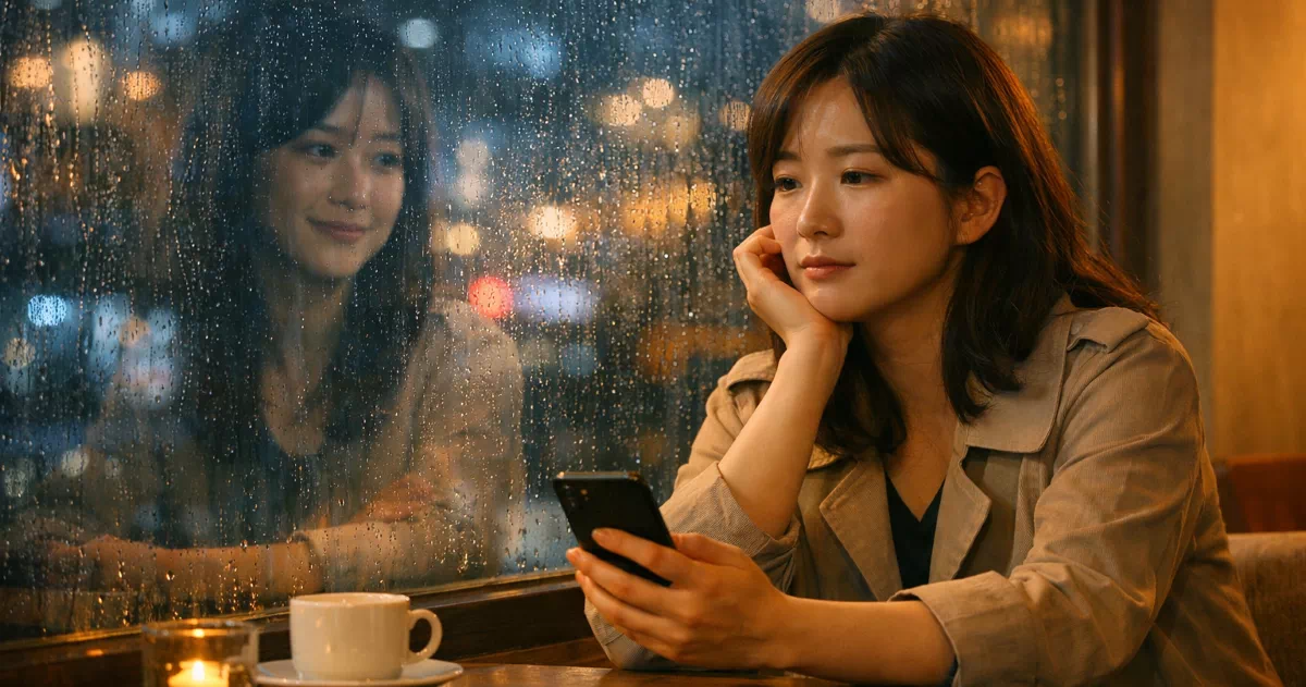 과거의 나를 회상하며 비 내리는 카페에 앉아 있는 모습.