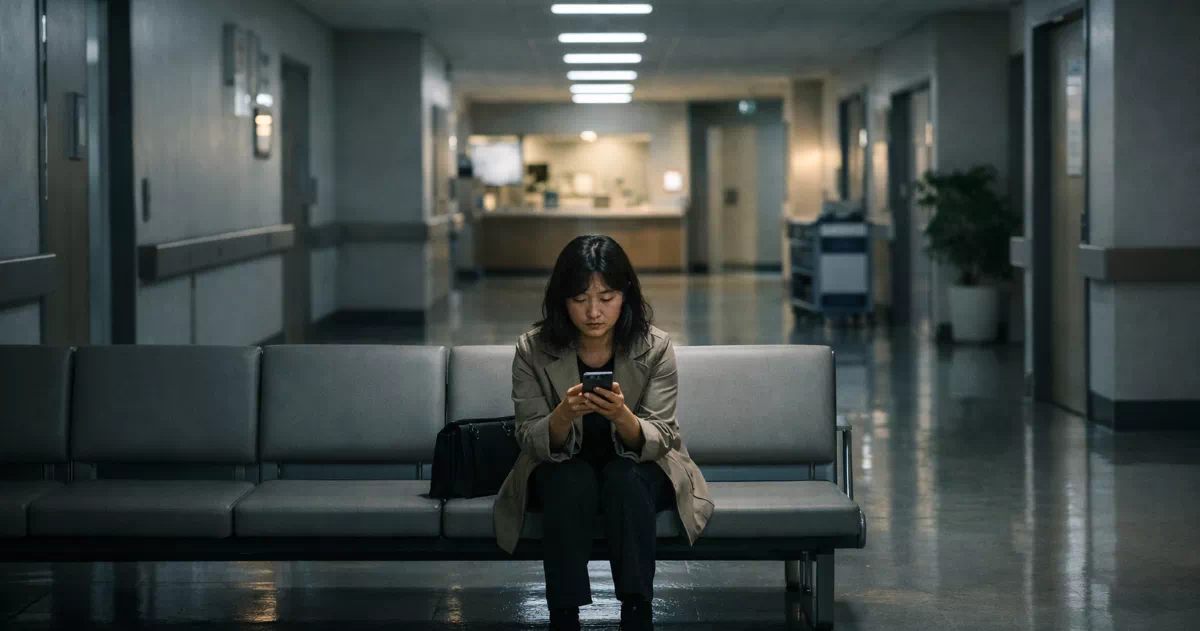 부모님 부양 분담으로 병원 대기실에 홀로 앉아 지쳐 있는 여성