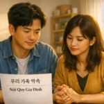 국제결혼 가정규칙을 함께 상의하며 작성 중인 한국인 남편과 외국인 아내의 모습