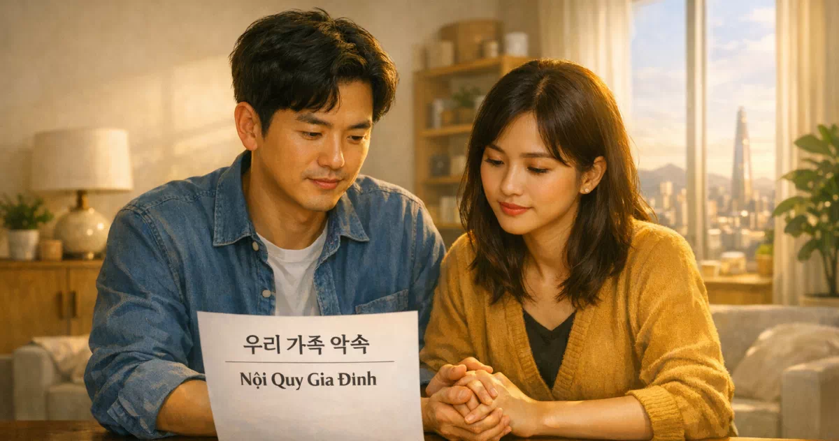 국제결혼 가정규칙을 함께 상의하며 작성 중인 한국인 남편과 외국인 아내의 모습