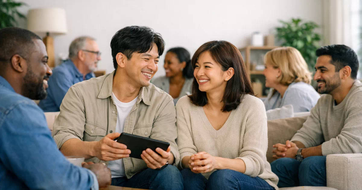 국제결혼 외로움 해결 — 다문화 부부가 커뮤니티 모임에서 웃으며 이야기 나누는 장면