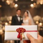 [축의금 3만원] 화려한 결혼식장의 신랑 신부와 이를 바라보며 봉투를 쥔 하객의 갈등하는 시선