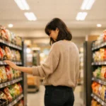 슈퍼마켓 과자 진열대에서 남자친구 눈치를 보며 망설이는 여성.