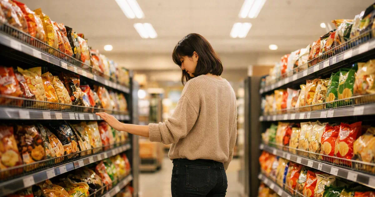 슈퍼마켓 과자 진열대에서 남자친구 눈치를 보며 망설이는 여성.