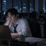 직장을 그만두고 싶은데 퇴사 생활비 막막할 때 선택은? 퇴사 생활비 문제로 고민하며 늦은 밤 사무실에서 고민하는 직장인의 모습